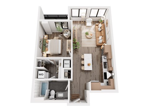Floor plan for 1 bed, 1 bath, 665 sqft